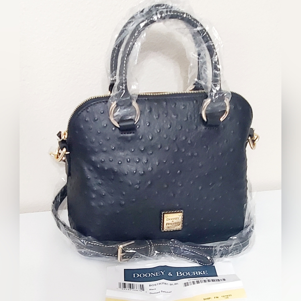 New Dooney Bourke Ostrich Embossed Domed Satchel Black Leather